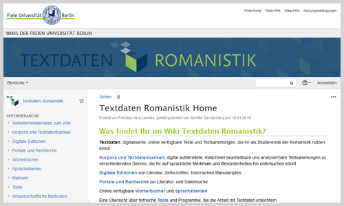 Wiki "Textdaten Romanistik" (Screenshot)
