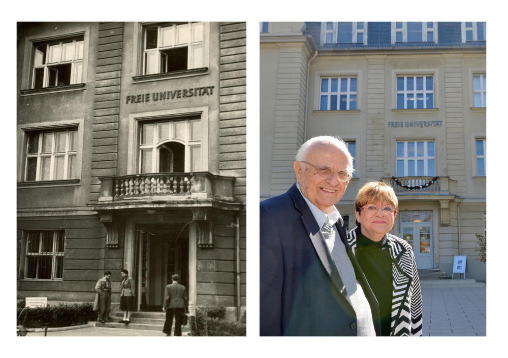 Die Boltzmannstraße 3 (l.) – ursprünglich für die Kaiser-Wilhelm-Gesellschaft erbaut worden – war 1948 die Keimzelle der neugegründeten Freien Universität. Prof. Karol S. Kubicki (r. mit Ehefrau Petra im Jahr 2016 aufgenommen) ist „Matrikelnummer 1".