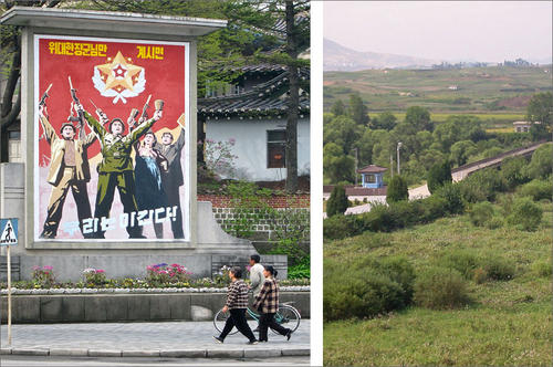 „Wir werden siegreich sein". Das nordkoreanische Plakat beschwört mit Bauer, Militär, Intellektuellem und einer Frau die gesellschaftliche Einheit. Die „Bridge of no return“, Blick von Süd- nach Nordkorea (r.).