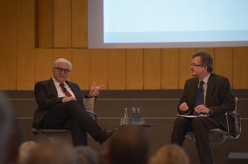 University president Peter-André Alt and political science professor Thomas Risse (to his left) were seated in the front row during the German Foreign Minister’s speech.