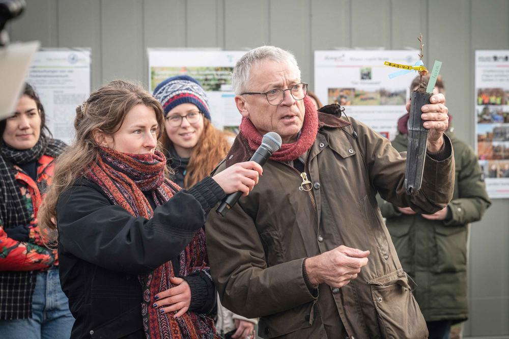 Manfred Forstreuter zeigte, wie kleine Rotbuchen gepflanzt werden müssen, damit sie im Klimawald gut anwachsen.