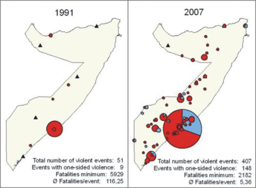 Im Sonderforschungsbereich 700 werden Gewaltkonflikte räumlich und zeitlich erfasst. In Somalia zeigt sich eine deutliche Veränderung zwischen 1991 und 2007 - die Zahl der Konflikte hat sich erhöht, die Austragungsorte haben sich verschoben.