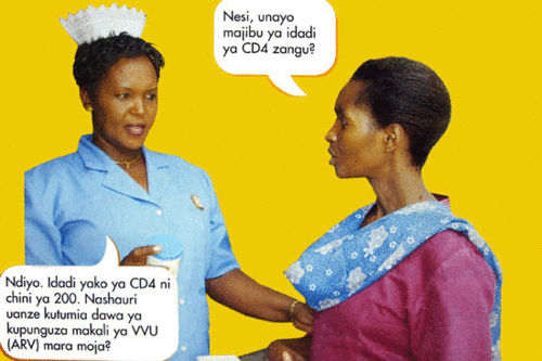 Bild aus einer Informationsbroschüre zum Thema HIV/AIDS: Die Krankenschwester (links) rät der Patientin zu einer baldigen antiretroviralen Therapie.