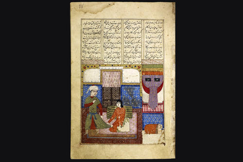 Ausschnitt aus Josephs Verführung aus einem Manuskript von Amanis Yusuf wa Zulaikha, Iran, 1416, Ms. or. oct. 2302, fol. 18r