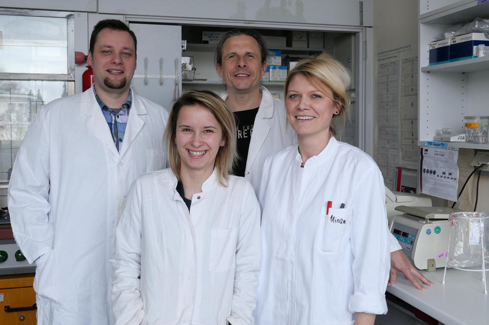Das „ChemSnep“-Team arbeitet an Lösungen: Christian Gleisberg (hinten li.) und Jens Baumgardt (hinten re.) sowie die Masterstudentinnen Sarah Bleile (vorne li.) und Miriam Müller (vorne re.).