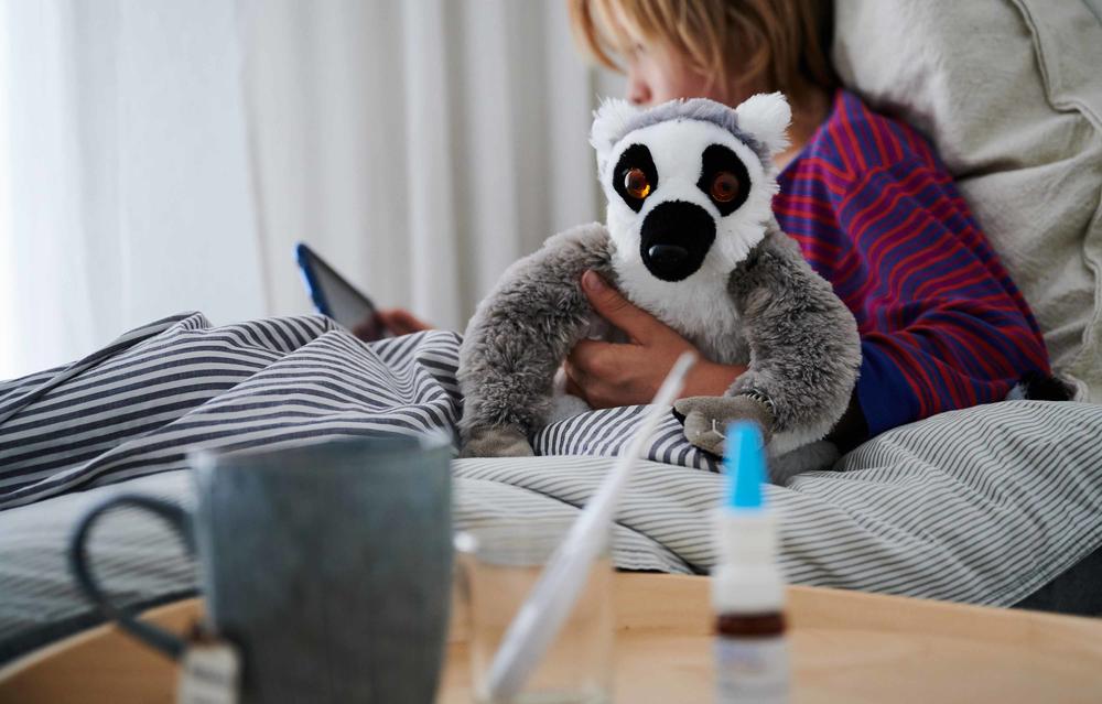 Kind im Krankenbett mit Fieberthermometer, Nasenspray und einem großen Nasenbärkuscheltier im Vordergrund