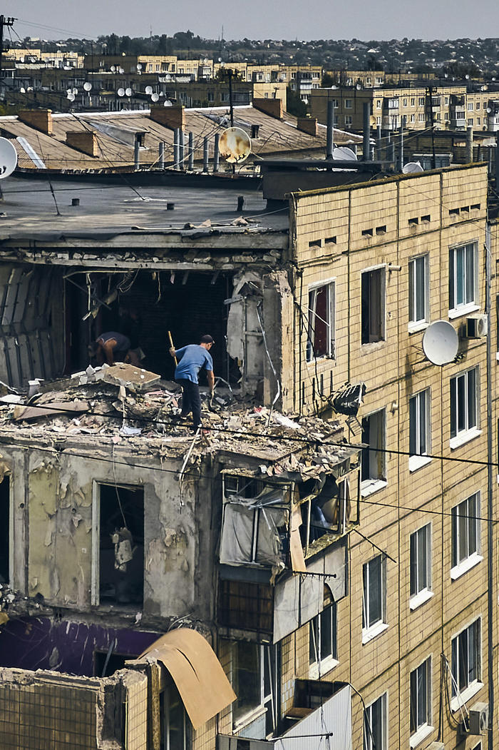 Apartment block hit by Russian shelling in the Ukrainian city of Nikopol in August 2022.