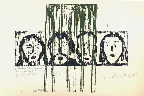 Andreas Hünekes Neujahrsgrafik aus dem Jahr 1977. Darauf zu sehen sind vier Köpfe, unter anderem Biermann und Hüneke, und der Satz: „Schweigen wird verhängt – auch 1977?“
