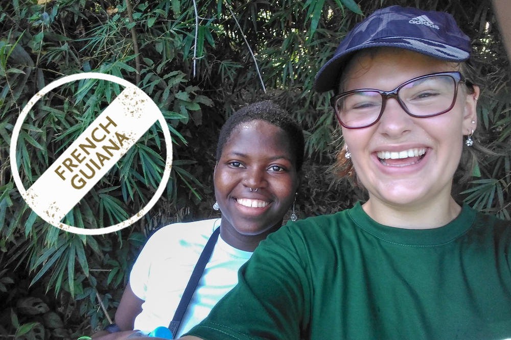Davia Rosenbaum (in foreground) enjoys traveling in the jungle after class. Here she is on the jungle trail “Sentier du Rorota” with a friend.