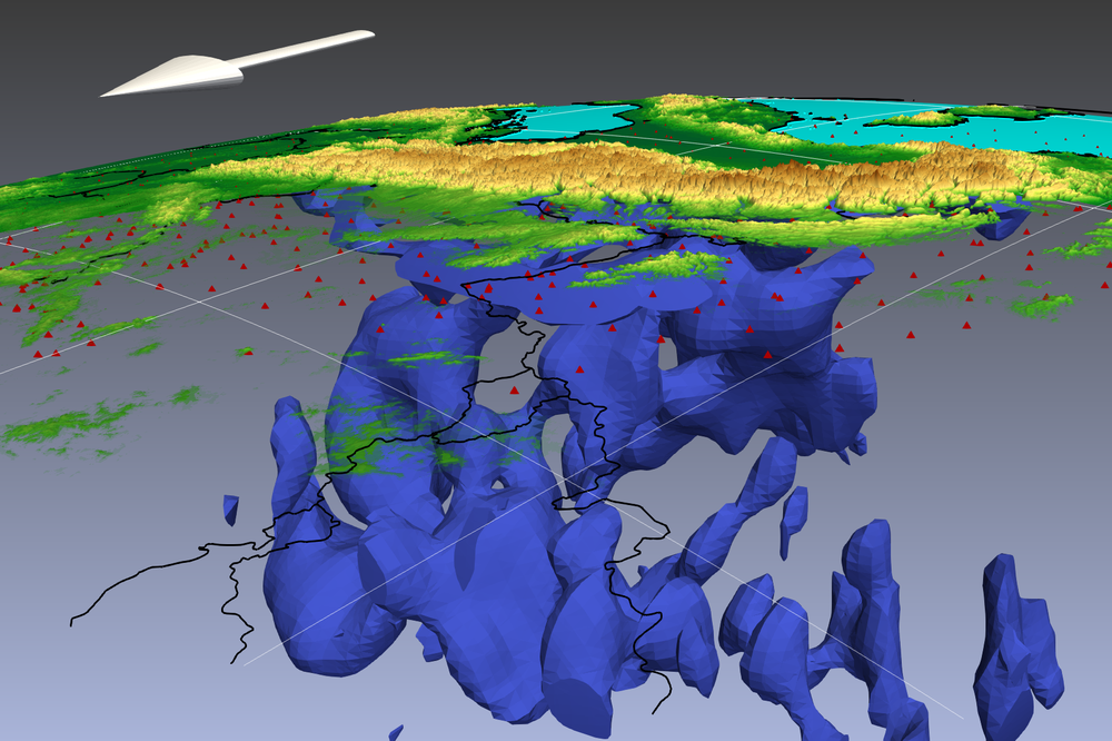 A screenshot of a computer animation showing in three dimensions the deformed fragments of subducted lithosphere (in blue) under the Alps, as seen from France.