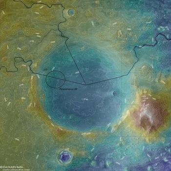 Data from outer space: Researchers in the CRC 170 investigate the growth history of planets. The image shows the topography of the Mars crater Jezero.