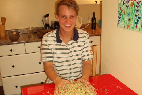 A touch of German cuisine in Canada: Robert Brundage kneads dough for bread dumplings (Semmelknödel).