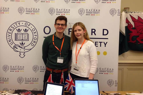 At the Oxford German Society stall at Freshers’ Fair 2015: Helena Winterhager with Franz Rembart, another of the society’s board members.