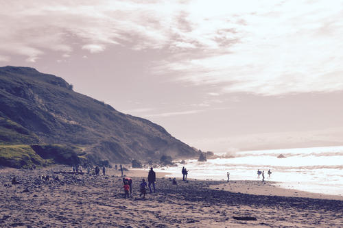 Muir Beach, north of San Francisco Bay. Even in January there are some hardy Californian surfers going into the water.