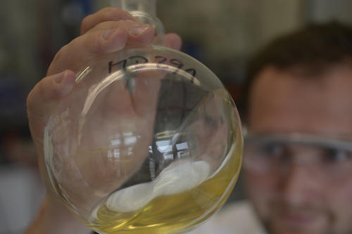 Hope in golden yellow: Mathias Dimde, a research associate on the team headed by Dirk Steinhilber and Professor Rainer Haag, turns a flask containing dendritic polyglycerol.