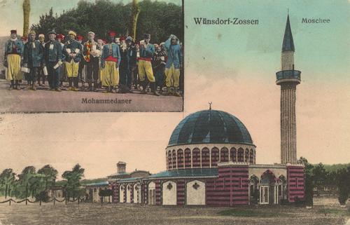 This postcard from 1916 shows the wooden mosque at the “Half-Moon Camp” (Halbmondlager) near Wünsdorf, a prisoner-of-war camp during World War I.