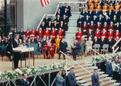 President John F. Kennedy in front of the Henry Ford Building during the conferral of his honorary citizenship from Freie Universität on June 26, 1963.