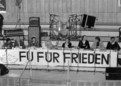Oct. 20, 1983. Panel discussion on the topic of "Peace" in Audimax of Freie Universität Berlin. The speakers included: La Roque, Prof. Altvater, and Prof. Gollwitzer.