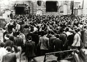 On April 23, 1948, a protest meeting took place in the Esplanade Hotel. Here a crowd of students is depicted in front of the hotel.