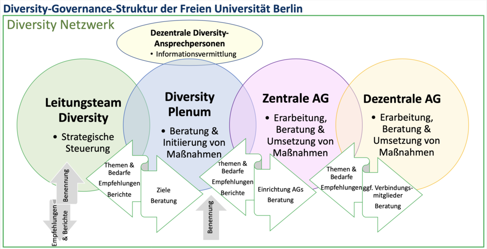 Organigramm of Freie Universität Berlin’s diversity governance structure, comprising a steering committee, council, central and departmental working groups and contact people.