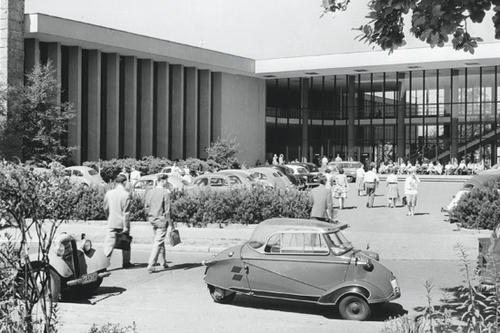 Exterior view of the Henry Ford Building, around 1959.