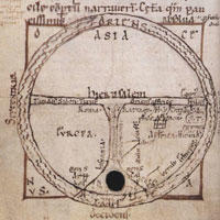 Mittelalterliche T-O-Karte: Die Weltkarte aus dem 12. Jahrhundert zeigt die drei Kontinente Asien, Europa und Afrika umgeben vom Meer.