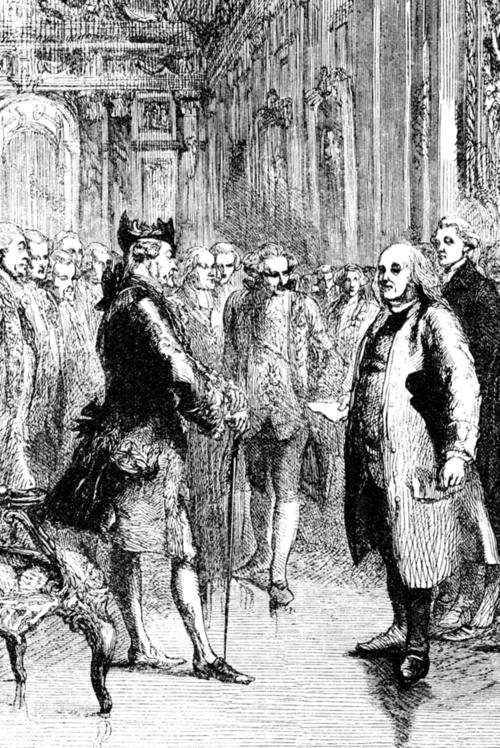 Benjamin Franklin, 1776 bis 1785 US-Gesandter am französischen Hofe, erschien 1779 vor Ludwig XVI ohne Paradeuniform und Perücke - und löste einen Eklat aus. Die Zeichnung wurde 1876 in "The Family Friend" veröffentlicht.