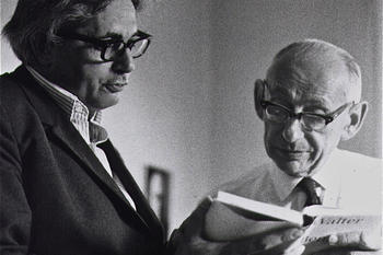 Peter Szondi (left) and religion scholar Gershom Scholem discuss a text by Walter Benjamin, in 1971.