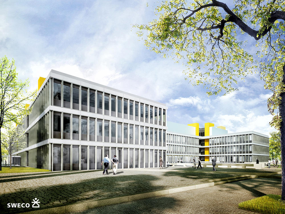 Ausblick auf morgen: Lichtdurchflutet und modern wie in dieser Grafik der Firma Sweco GmbH wird sich das Gebäude in der Takustraße 3 nach der Sanierung präsentieren. Die Fertigstellung ist für Ende 2025 geplant.