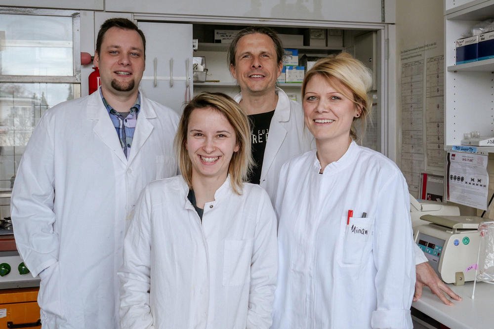 Das „ChemSnep“-Team arbeitet an Lösungen: Christian Gleisberg (hinten li.) und Jens Baumgardt (hinten re.) sowie die Masterstudentinnen Sarah Bleile (vorne li.) und Miriam Müller (vorne re.).