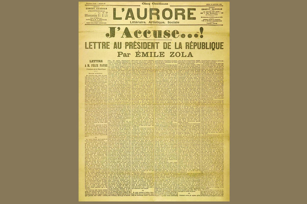 Offener Brief: Auf der Titelseite der Zeitung L’Aurore wendet sich Émile Zola am 13. Januar 1898 wegen der Dreyfus-Affäre an den französischen Staatspräsidenten Félix Faure.