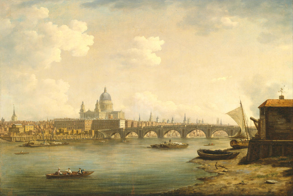 An der Themse. Das Gemälde der 1769 errichteten Blackfriars Bridge von William Marlow entstand zwischen 1770 und 1772. Unter anderem durch Salzwasser und Verschmutzungen des Flusses wurden die Kalksteinbögen mit der Zeit erheblich beschädigt.