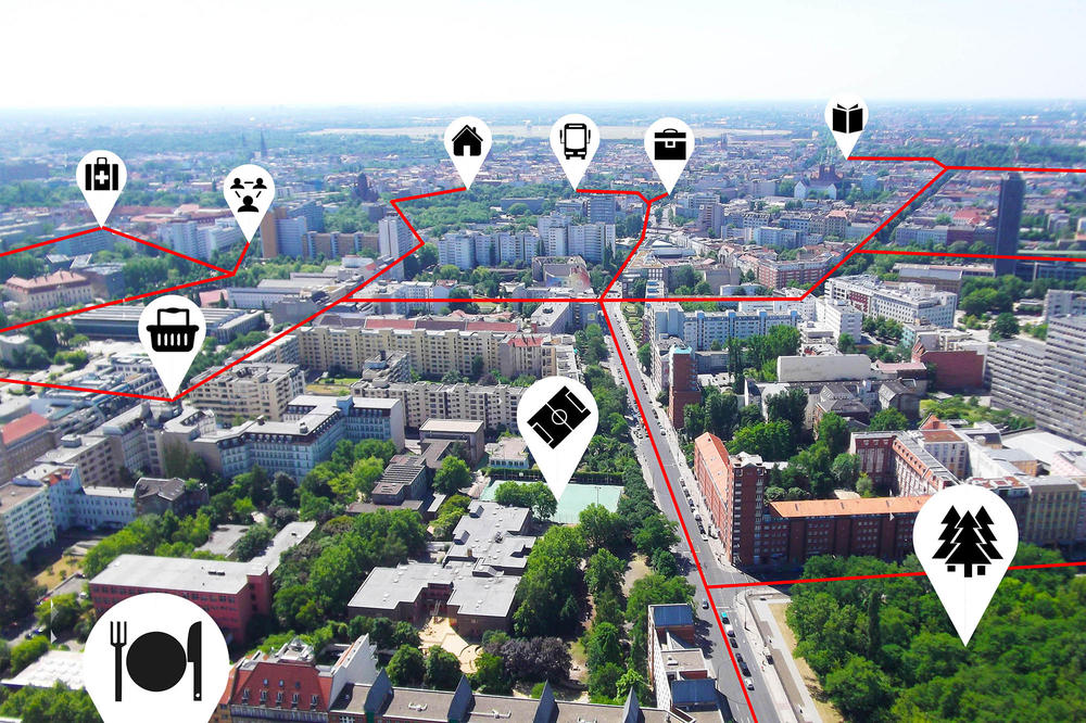 Foto eines Berliner Stadtteils aus der Vogelperspektive mit grafisch eingefügten Routen und Ortssymbolen