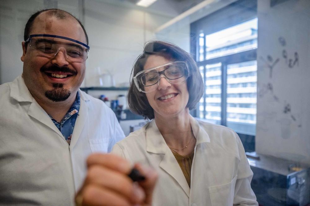 Viktoria Däschlein-Geßner, Professorin für Anorganische Chemie an der Ruhr-Universität Bochum, mit Postdoktorand Sébastien Lapointe