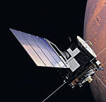 Die Weltraumsonde „Mars-Express“ im Anflug auf den roten Planeten.